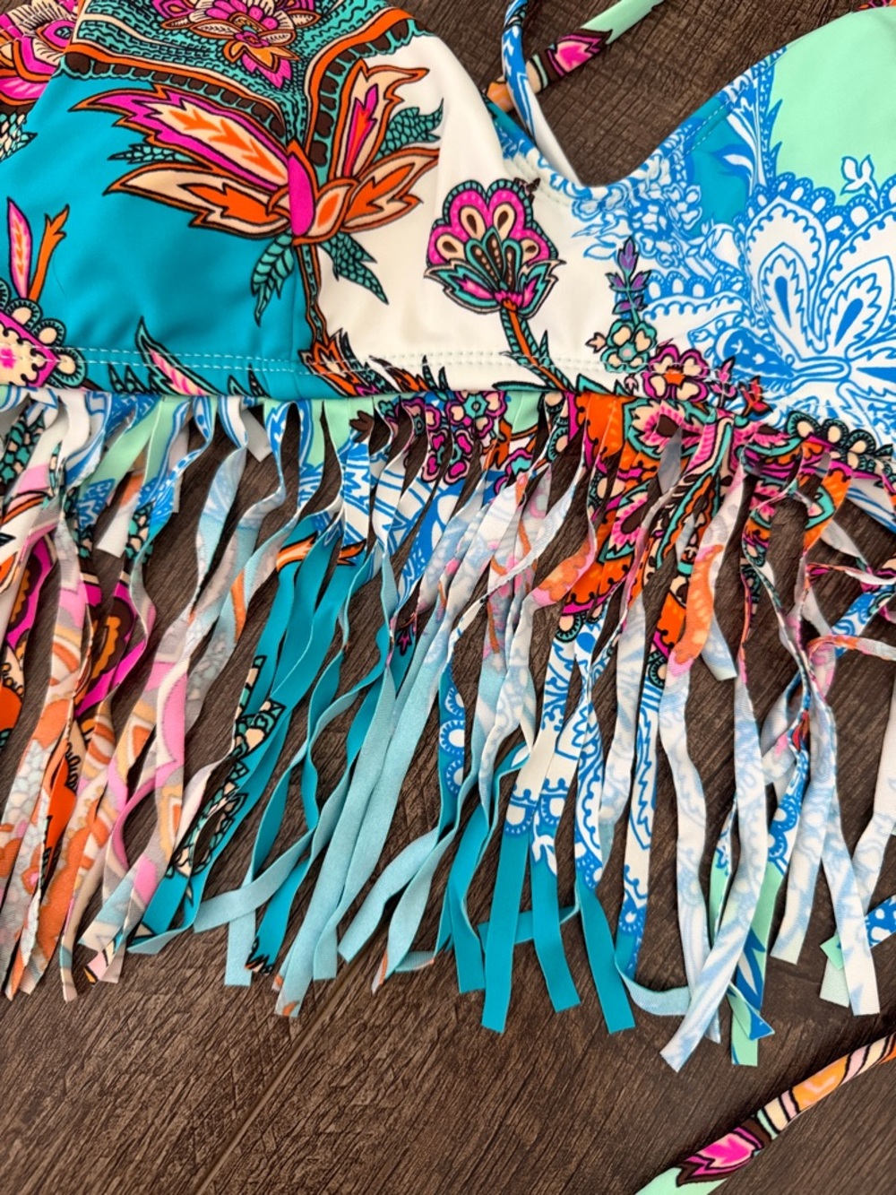 Hobie Turquoise Multi-Color Fringe Bikini Top - Picture 2 of 7